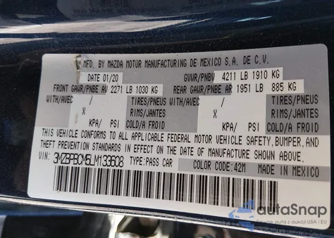 2020 Mazda Mazda3 Select Package из США, поврежденный, VIN 3MZBPBCM5LM133608